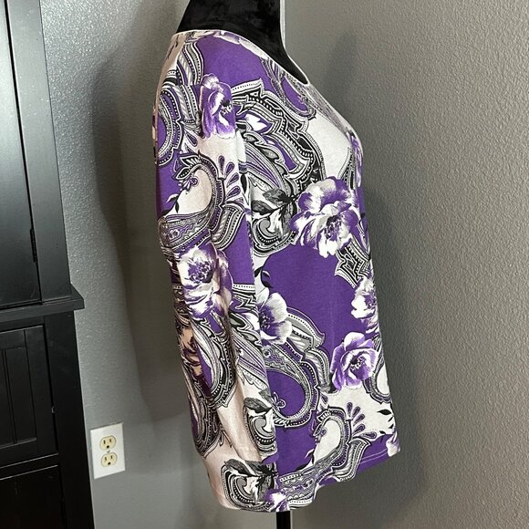 Karen Scott Womens Top XL Purple White Floral Paisley Print 3/4 Sleeve Blouse - Picture 6 of 8